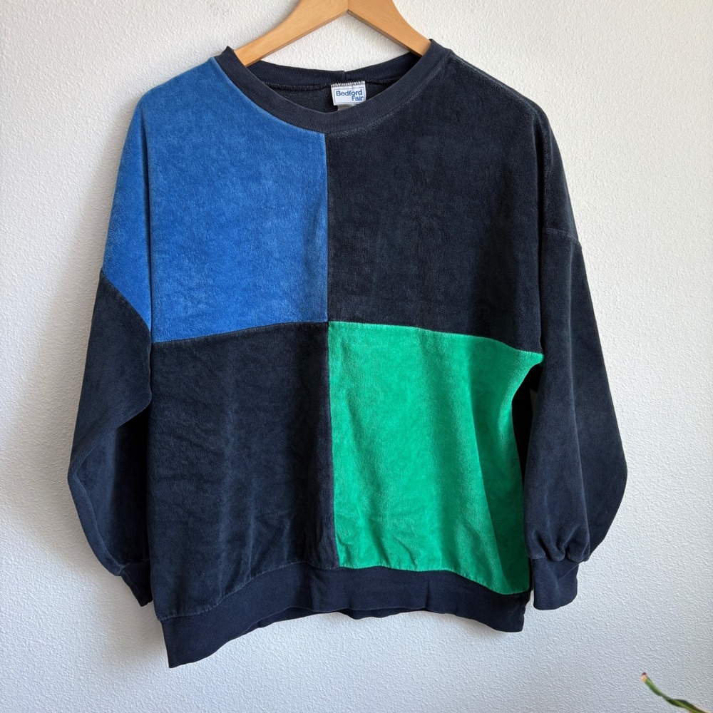 Bedford Fair Vintage Colorblock Sweatshirt Blue Green Black Velour Large